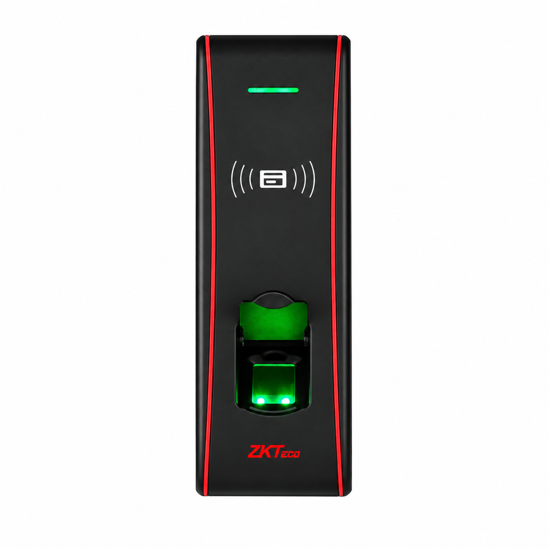 Black ZKTeco F16 fingerprint and RFID access control terminal with red trim, front view.