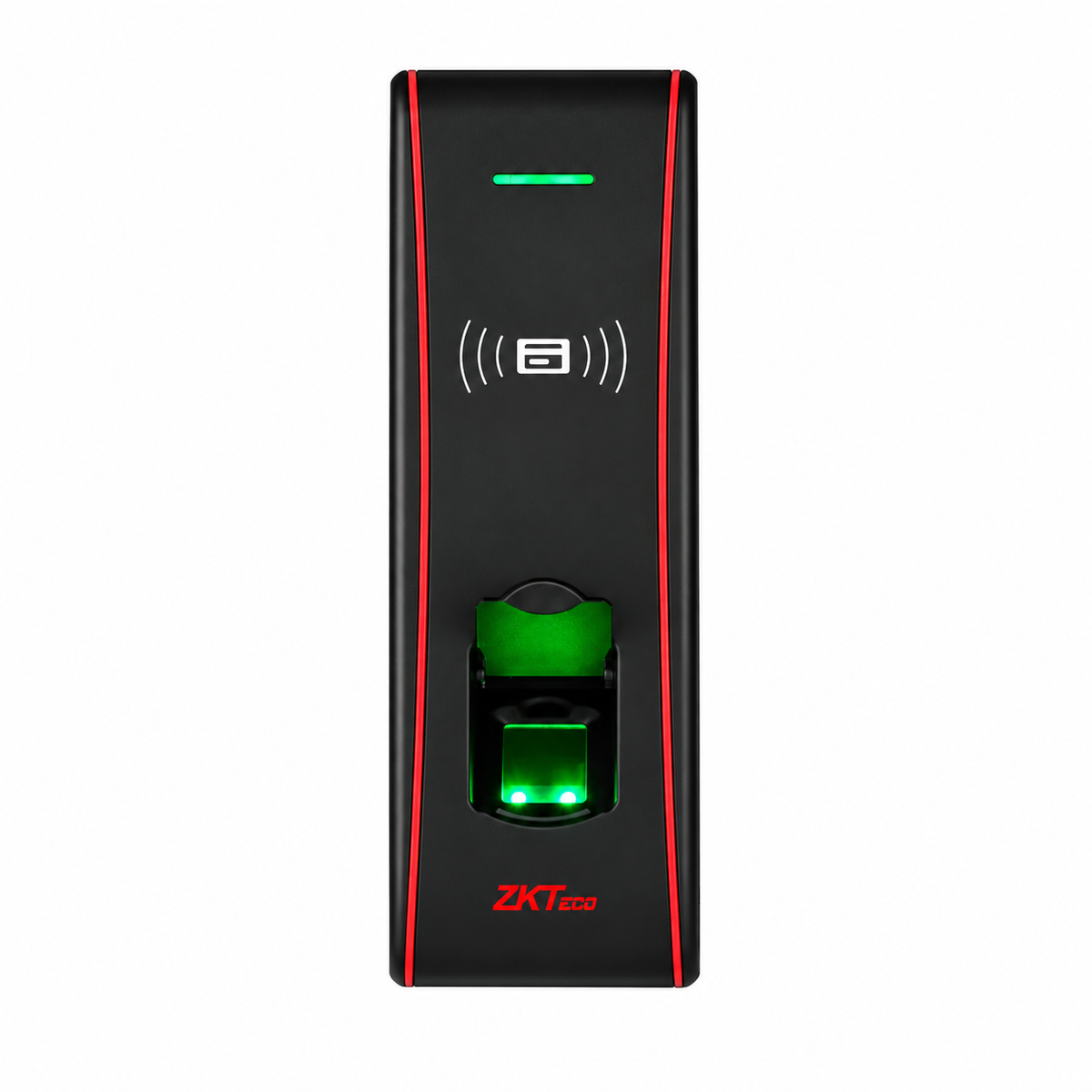 Black ZKTeco F16 fingerprint and RFID access control terminal with red trim, front view.
