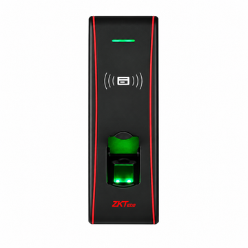 Black ZKTeco F16 fingerprint and RFID access control terminal with red trim, front view.