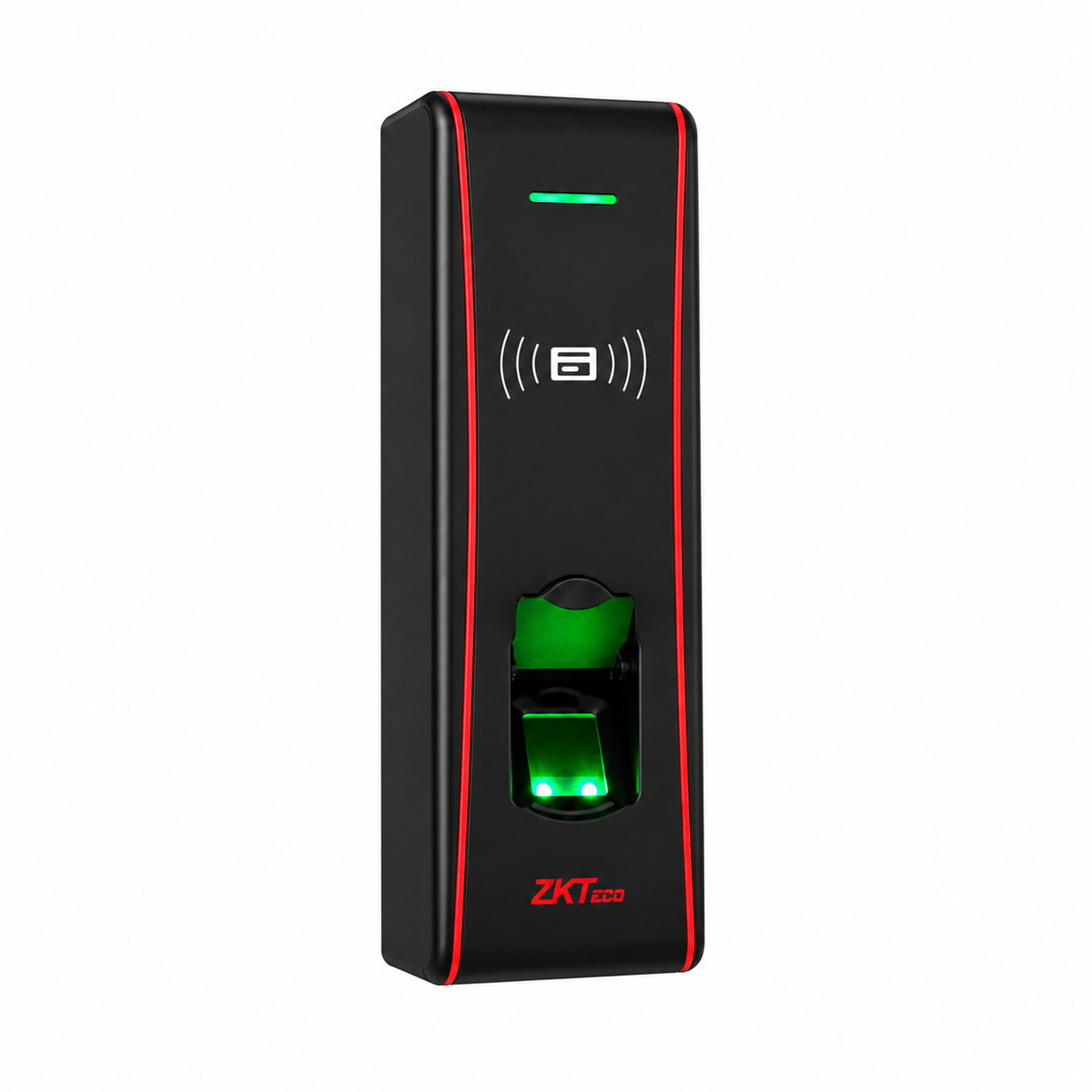 Black ZKTeco F16 fingerprint and RFID access control terminal with red trim, left-side angled view.