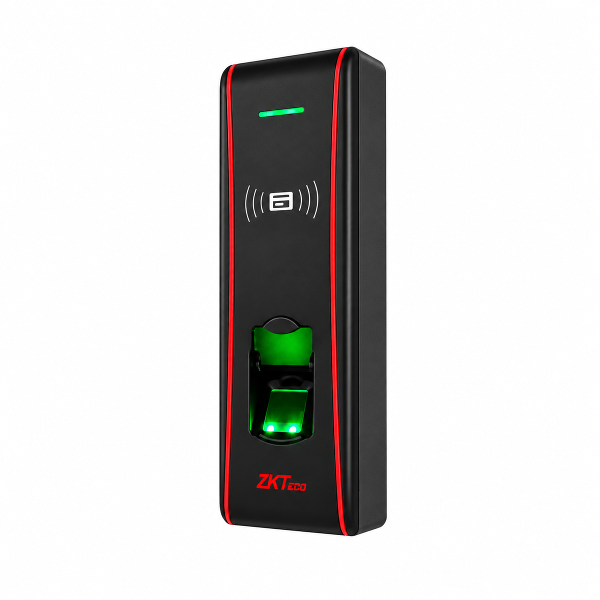 Black ZKTeco F16 fingerprint and RFID access control terminal with red trim, right-side angled view.