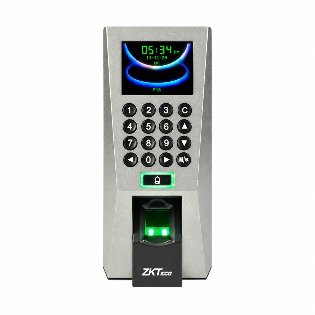 Silver ZKTeco F18 fingerprint access control and time attendance device, front view.