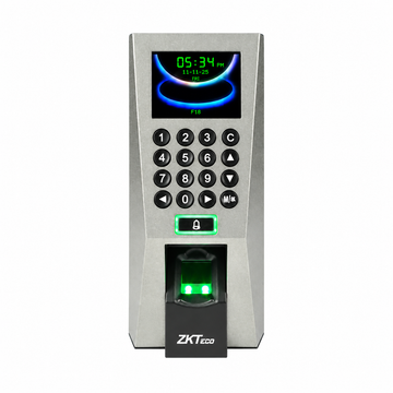 Silver ZKTeco F18 fingerprint access control and time attendance device, front view.