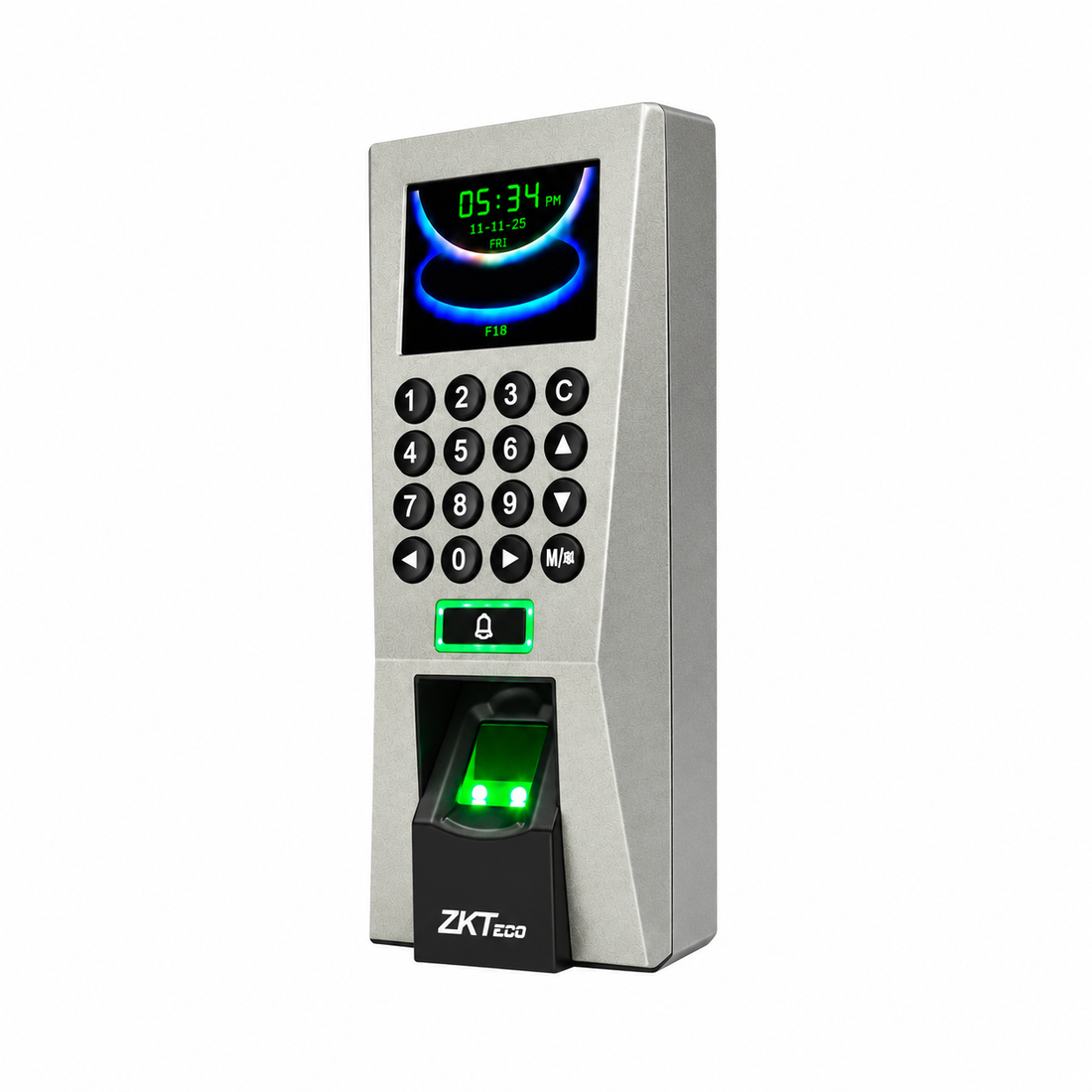 Silver ZKTeco F18 fingerprint access control and time attendance device, front view.