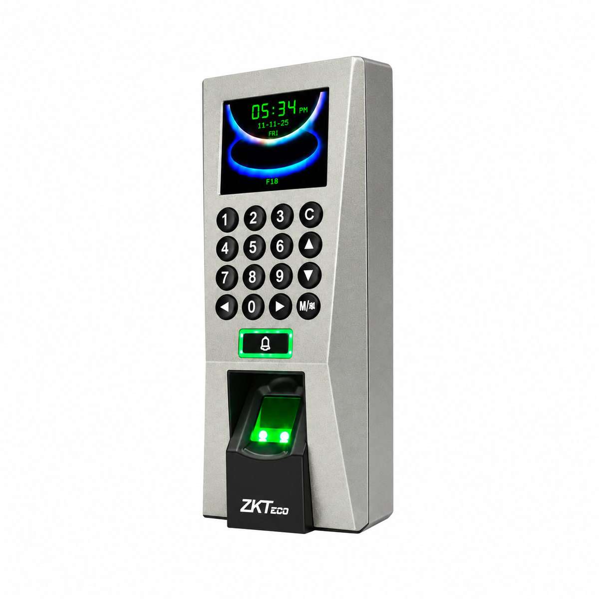 Silver ZKTeco F18 fingerprint access control and time attendance device, right-side angled view.