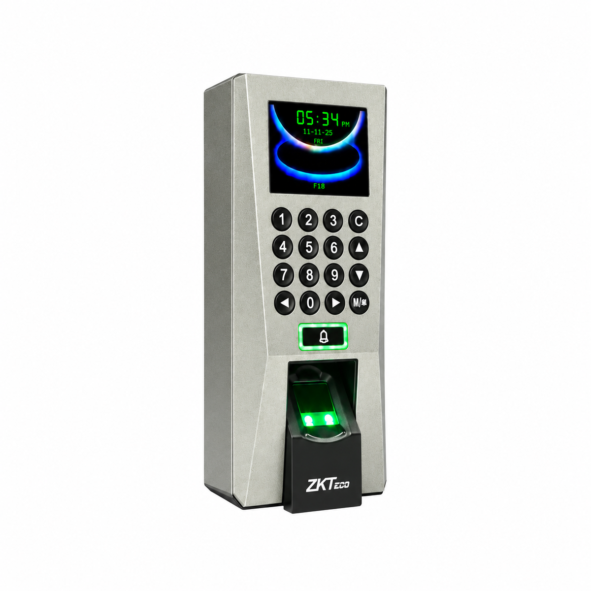 Silver ZKTeco F18 fingerprint access control and time attendance device, left-side angled view.