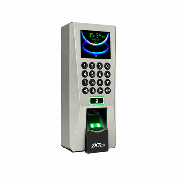 Silver ZKTeco F18 fingerprint access control and time attendance device, left-side angled view.