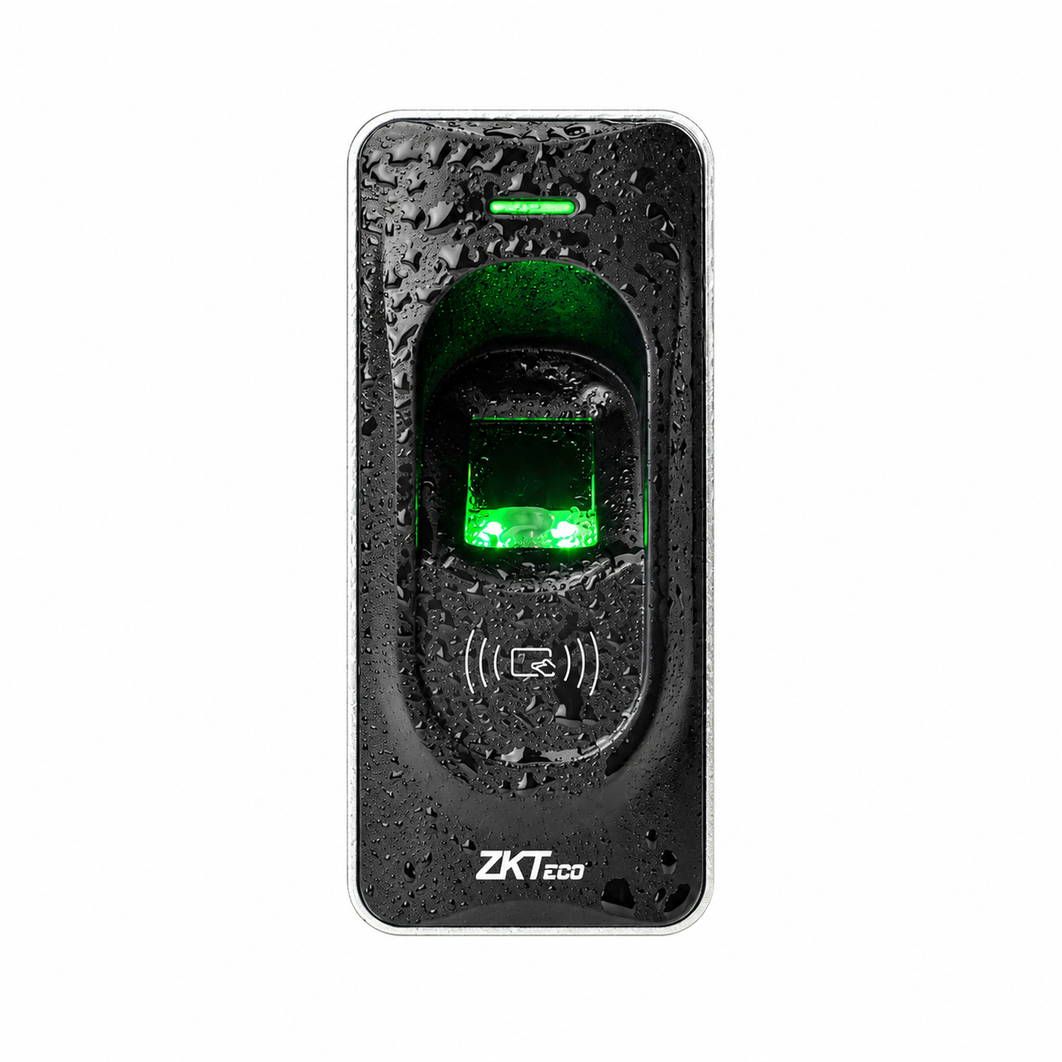 Black and silver ZKTeco FR1200 fingerprint and RFID access control reader, front view with water droplets.