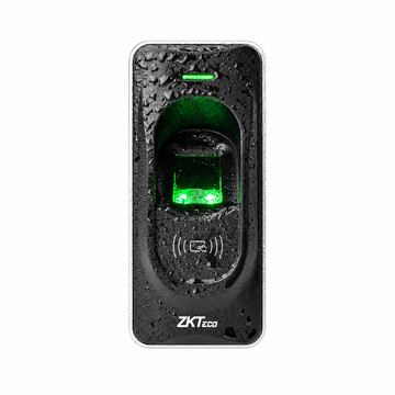 Black and silver ZKTeco FR1200 fingerprint and RFID access control reader, front view with water droplets.