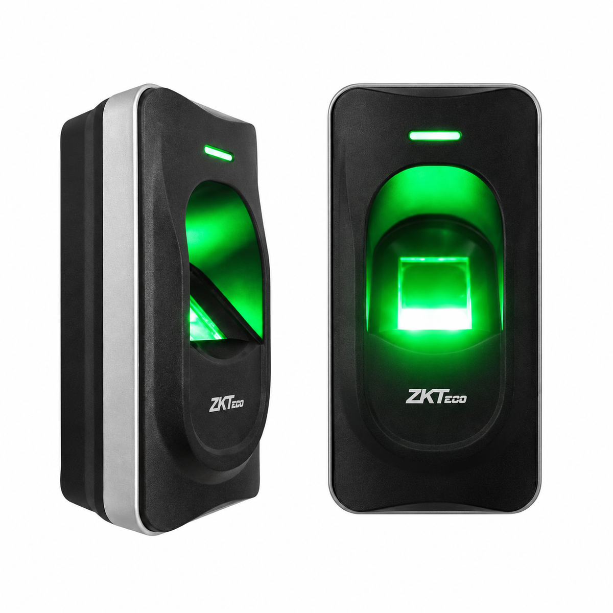 Black and silver ZKTeco FR1200 fingerprint access control reader, front and left-side views with illuminated green sensors.