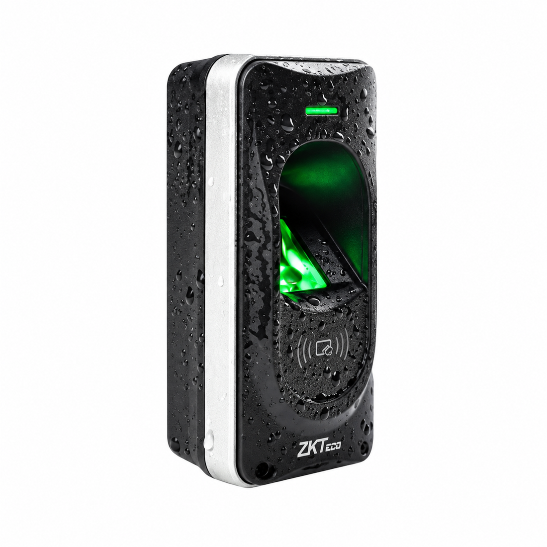 Black and silver ZKTeco FR1200 fingerprint and RFID access control reader, front view with water droplets.