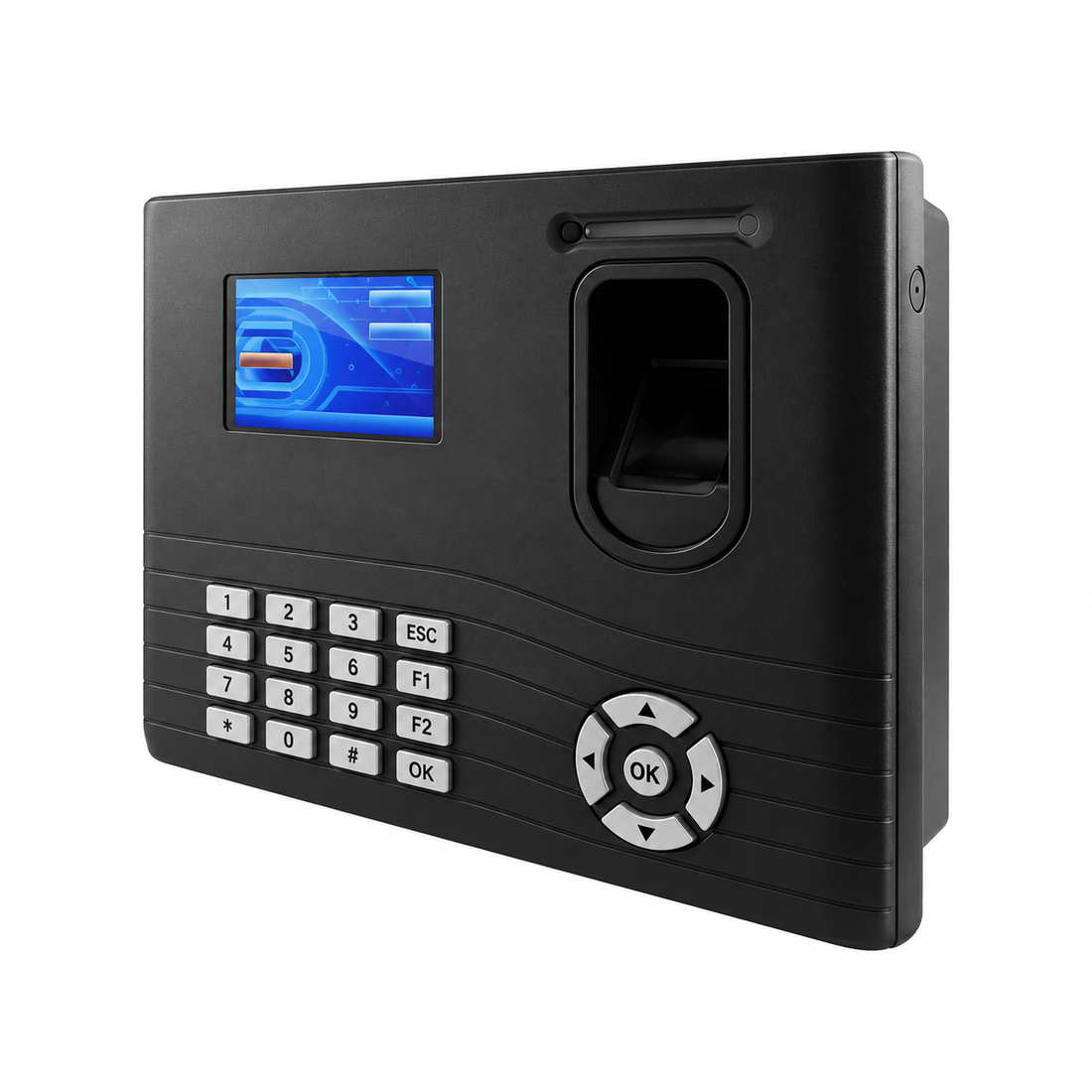 Black ZKTeco IN01-A fingerprint time attendance and access control terminal, front view with color display and keypad.