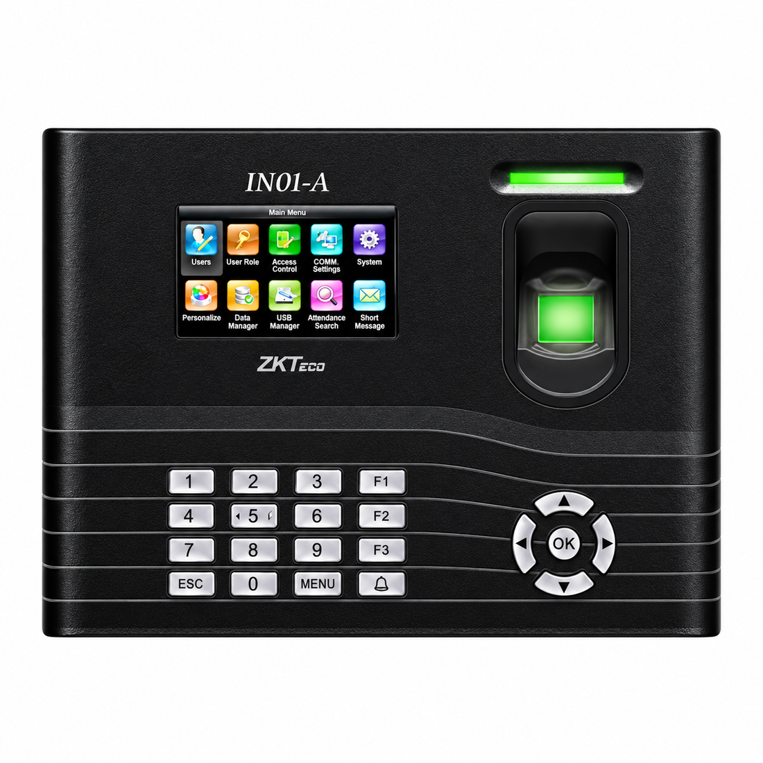 Black ZKTeco IN01-A fingerprint time attendance and access control terminal, front view with color display and keypad.