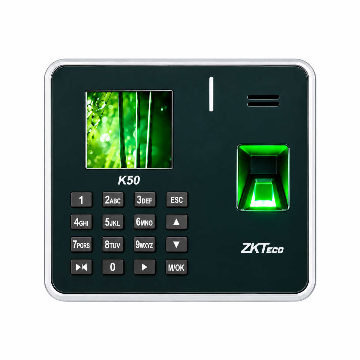 ZKTeco K50 black and silver fingerprint attendance terminal, front view showing color display, keypad and fingerprint sensor.