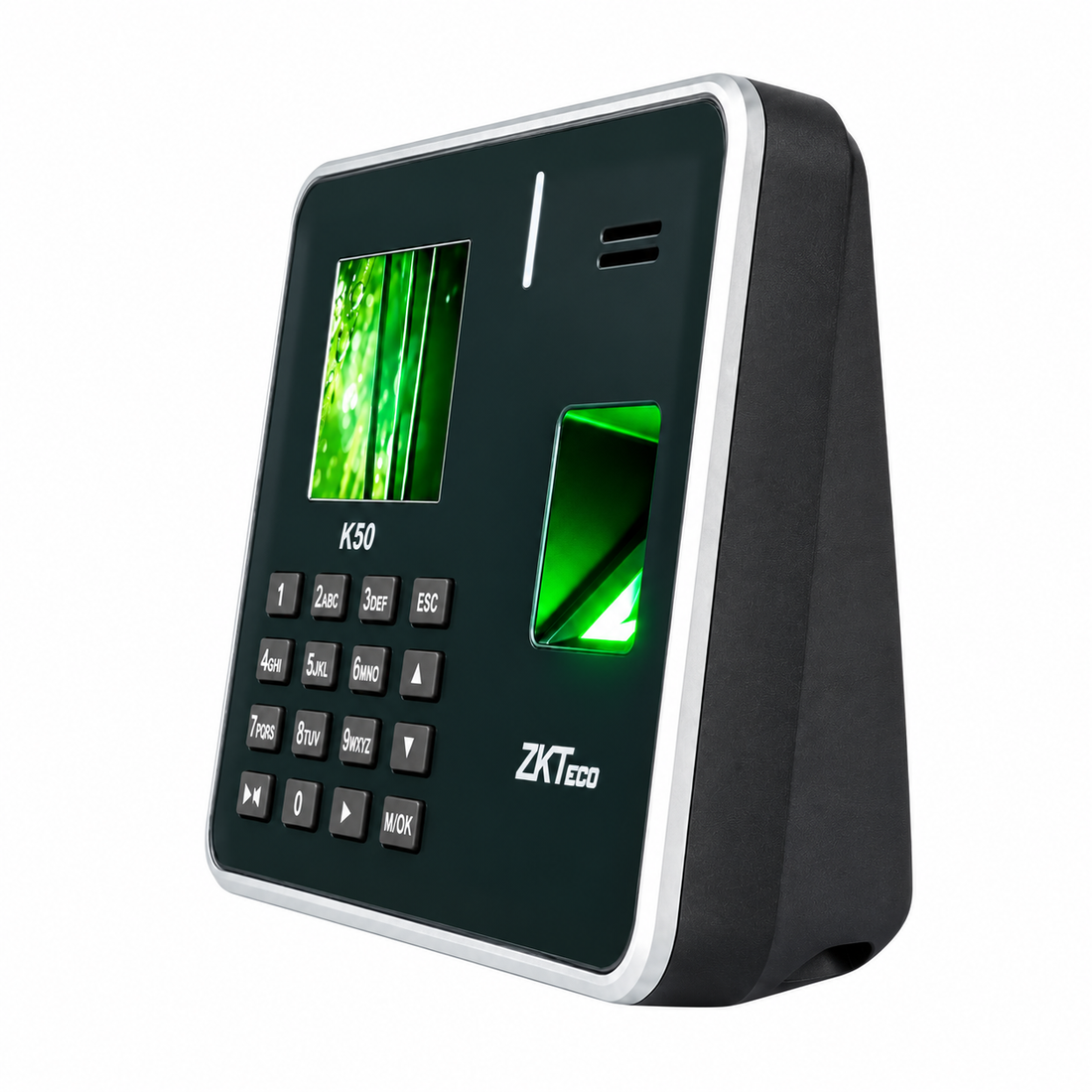 ZKTeco K50 black and silver fingerprint attendance terminal, front view showing color display, keypad and fingerprint sensor.