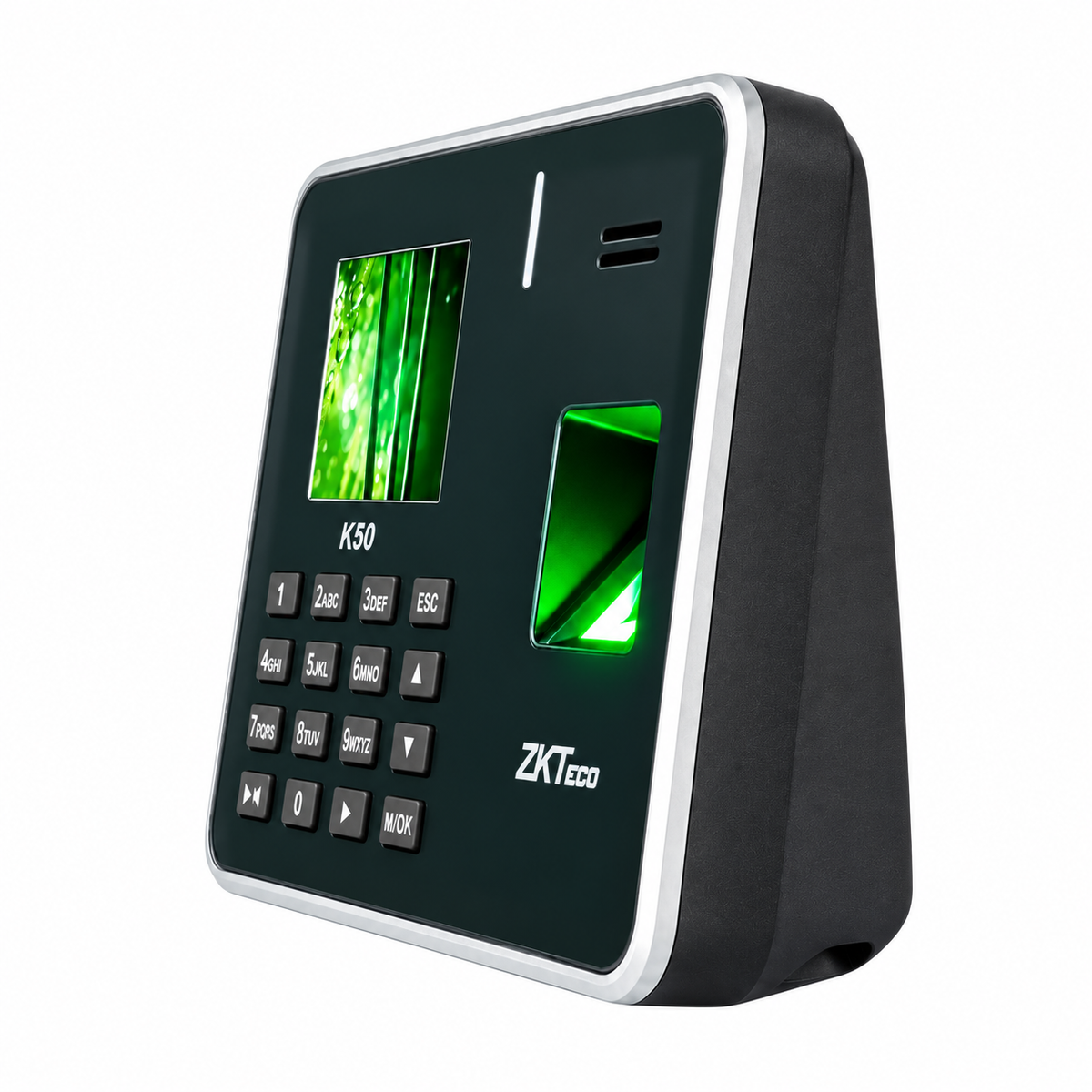 ZKTeco K50 black and silver fingerprint attendance terminal, right-side angled view showing the housing and front controls.