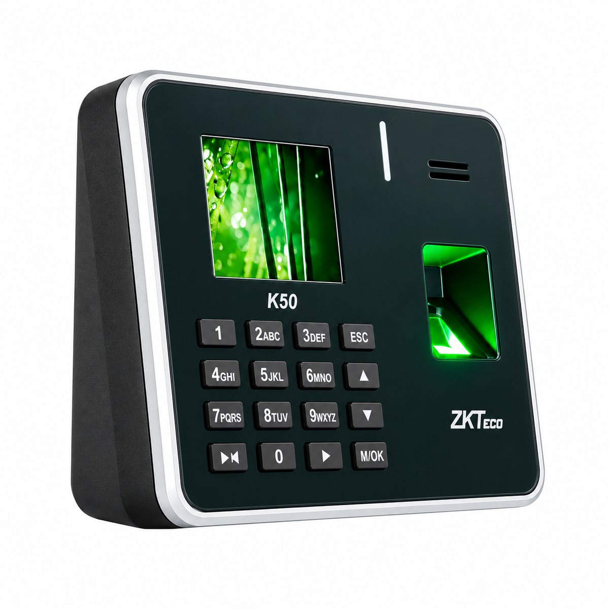 ZKTeco K50 black and silver fingerprint attendance terminal, left-side angled view showing the display, keypad and illuminated fingerprint reader.