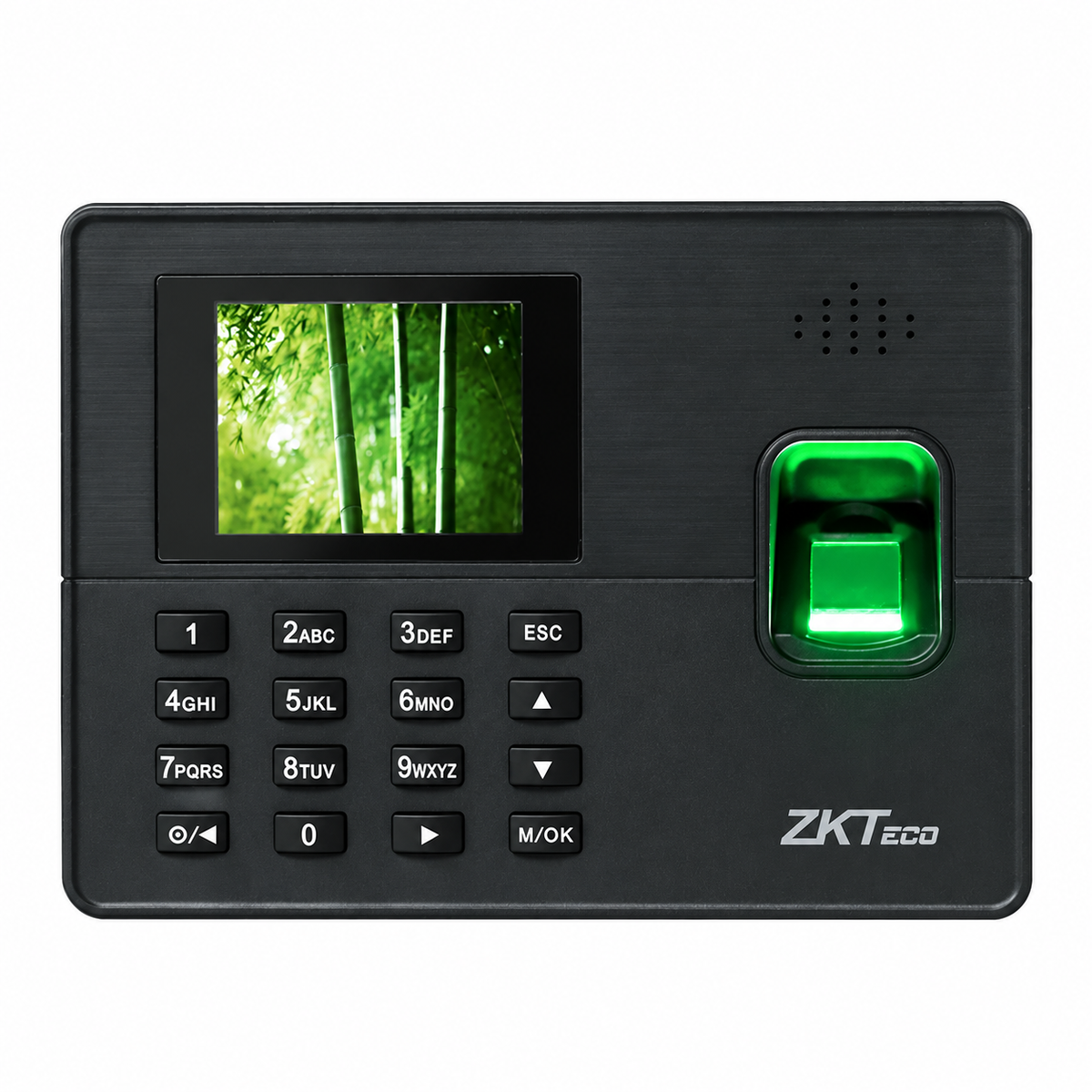 ZKTeco K60 Pro black fingerprint time attendance terminal, front view with color display, keypad and green fingerprint reader.