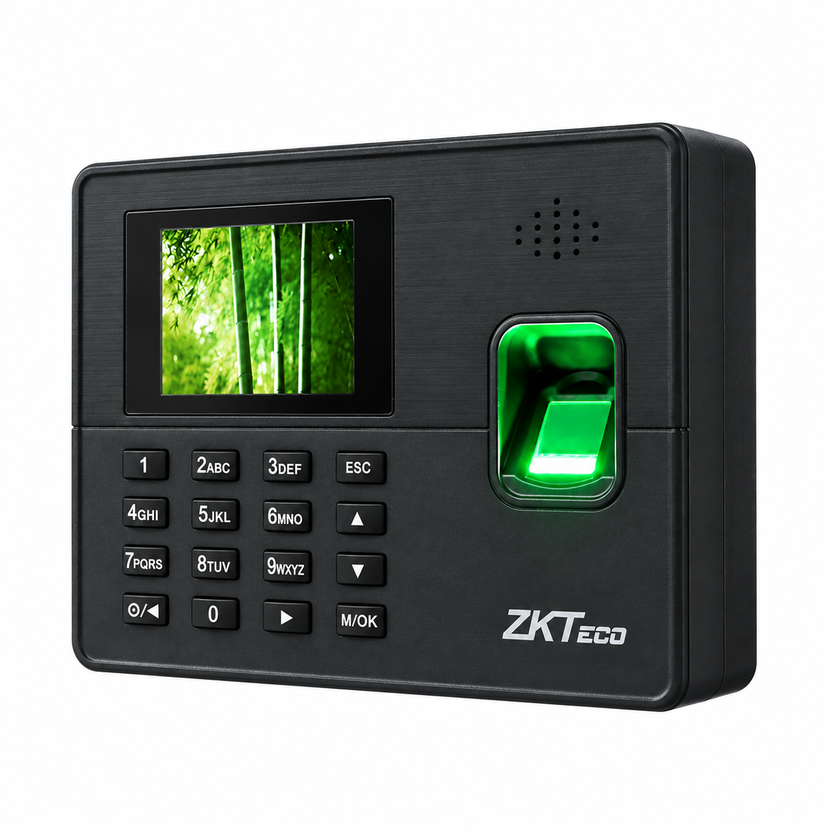 ZKTeco K60 Pro black biometric attendance terminal, right-side angled view showing the housing, display and fingerprint sensor.