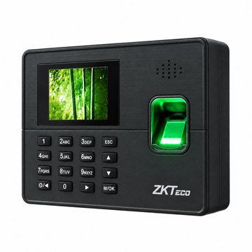 ZKTeco K60 Pro black biometric attendance terminal, right-side angled view showing the housing, display and fingerprint sensor.