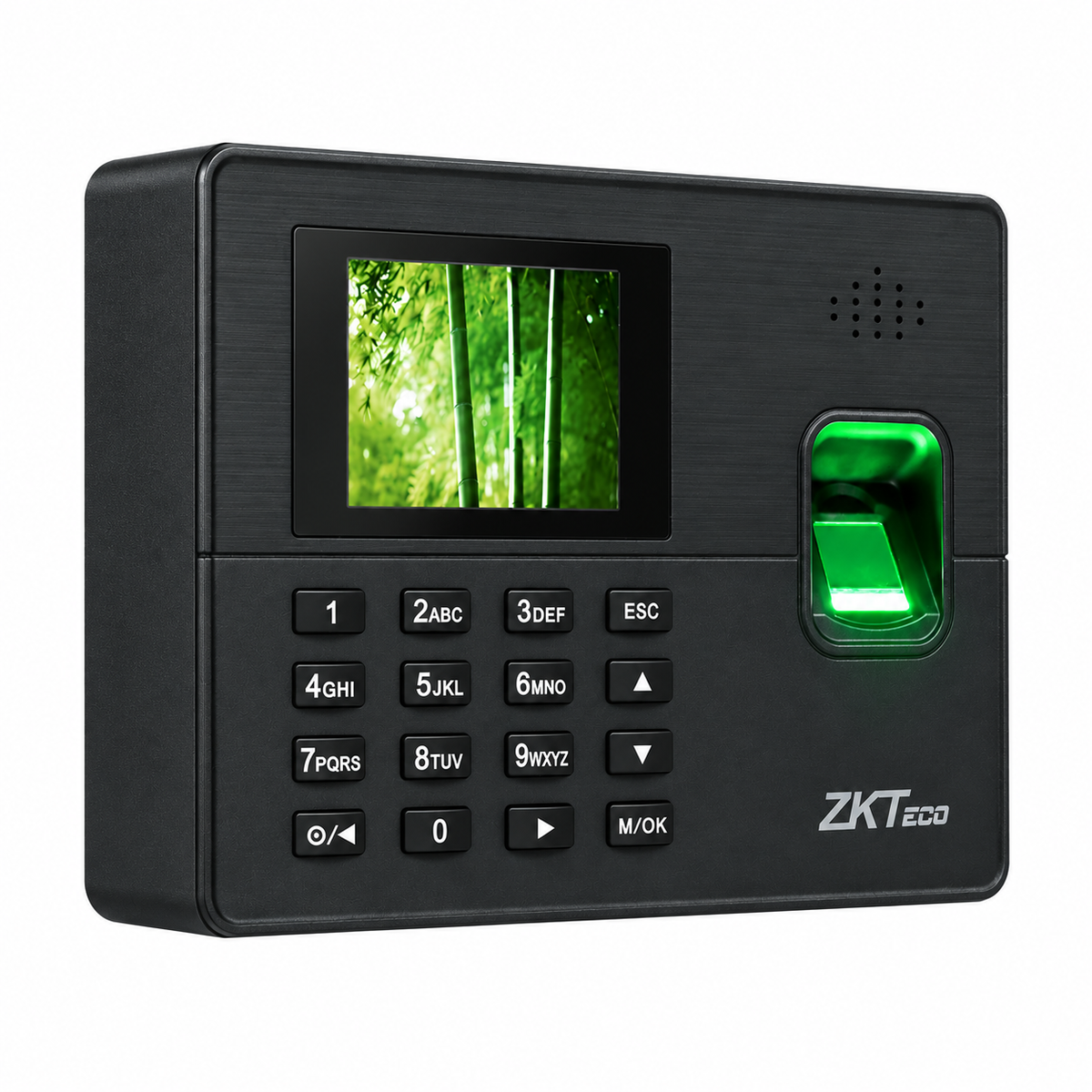ZKTeco K60 Pro black fingerprint attendance terminal, left-side angled view with keypad and illuminated fingerprint reader.