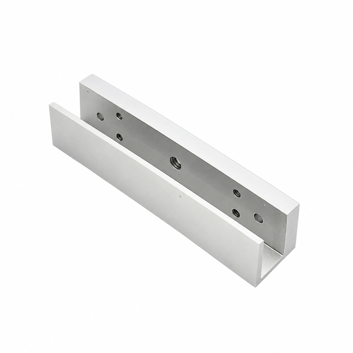 ZKTeco LM-280U electromagnetic door lock U-shaped mounting bracket, angled view showing silver metal construction and mounting holes for access control systems.
