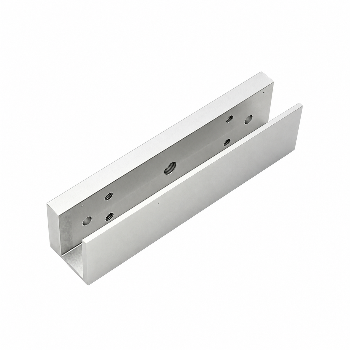 ZKTeco LM-280U magnetic door lock U-bracket, side perspective view showing pre-drilled fixing holes and metal channel design.