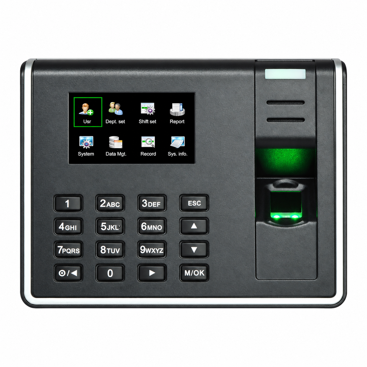 ZKTeco LX17 black and silver fingerprint time attendance terminal, front view with TFT display and keypad.