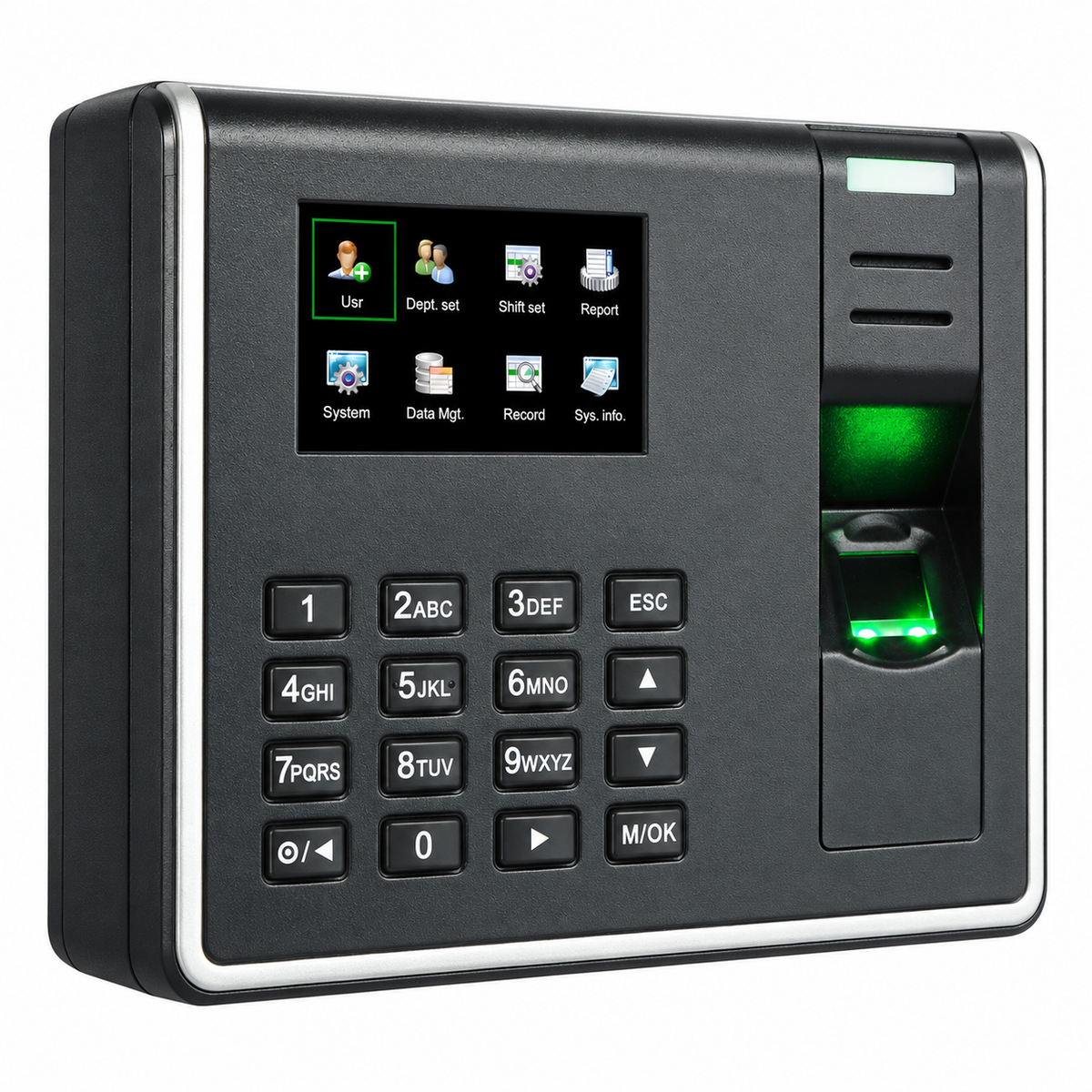 ZKTeco LX17 black and silver biometric attendance device, left side view with fingerprint scanner.