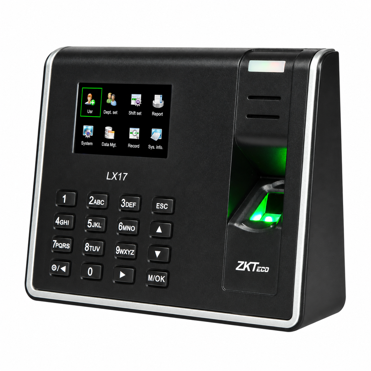 1. ZKTeco LX17 black and silver fingerprint time attendance terminal, right side view with illuminated fingerprint reader.