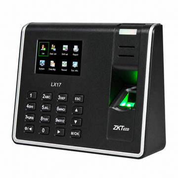 1. ZKTeco LX17 black and silver fingerprint time attendance terminal, right side view with illuminated fingerprint reader.