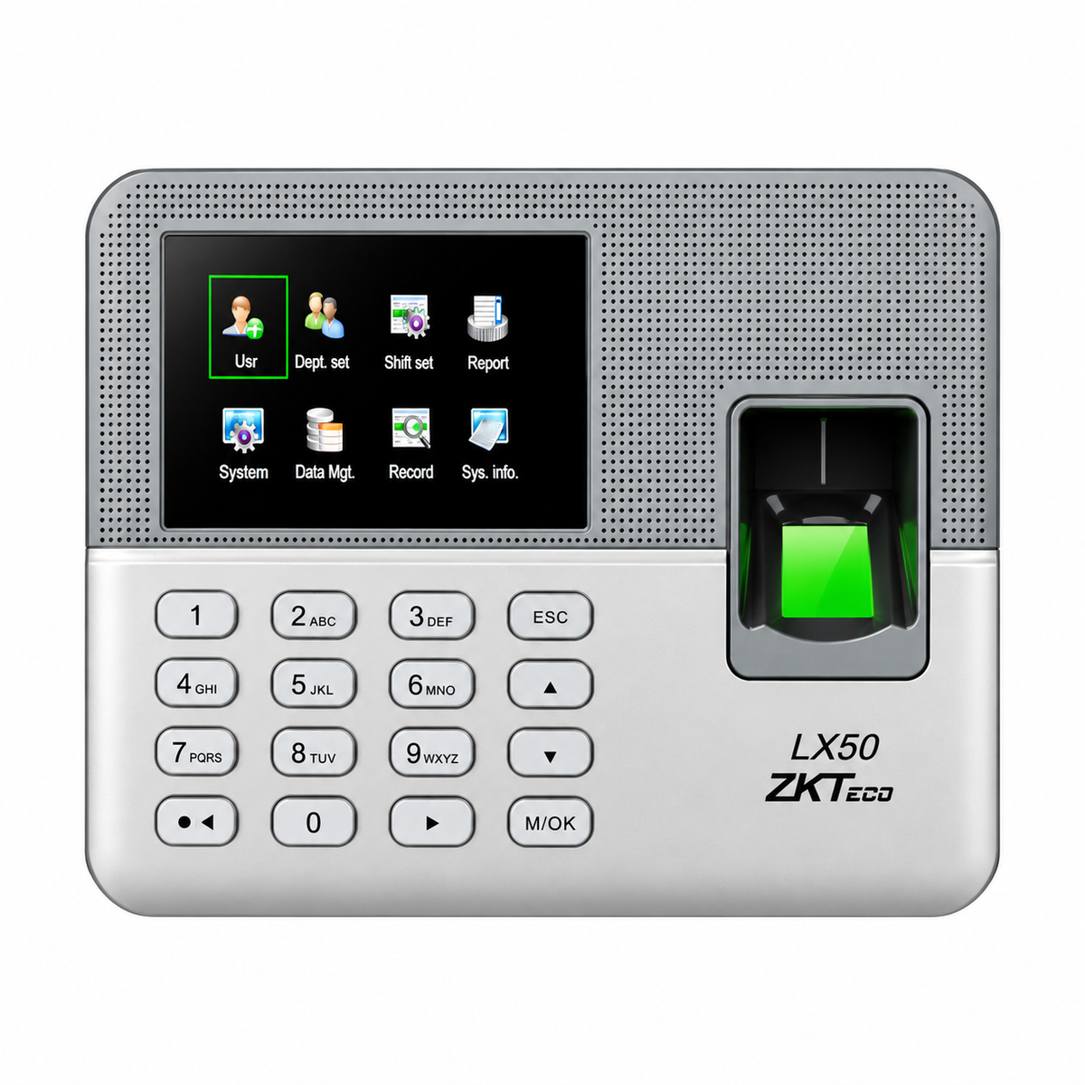 ZKTeco LX50 silver fingerprint time attendance terminal, front view with TFT display and numeric keypad.