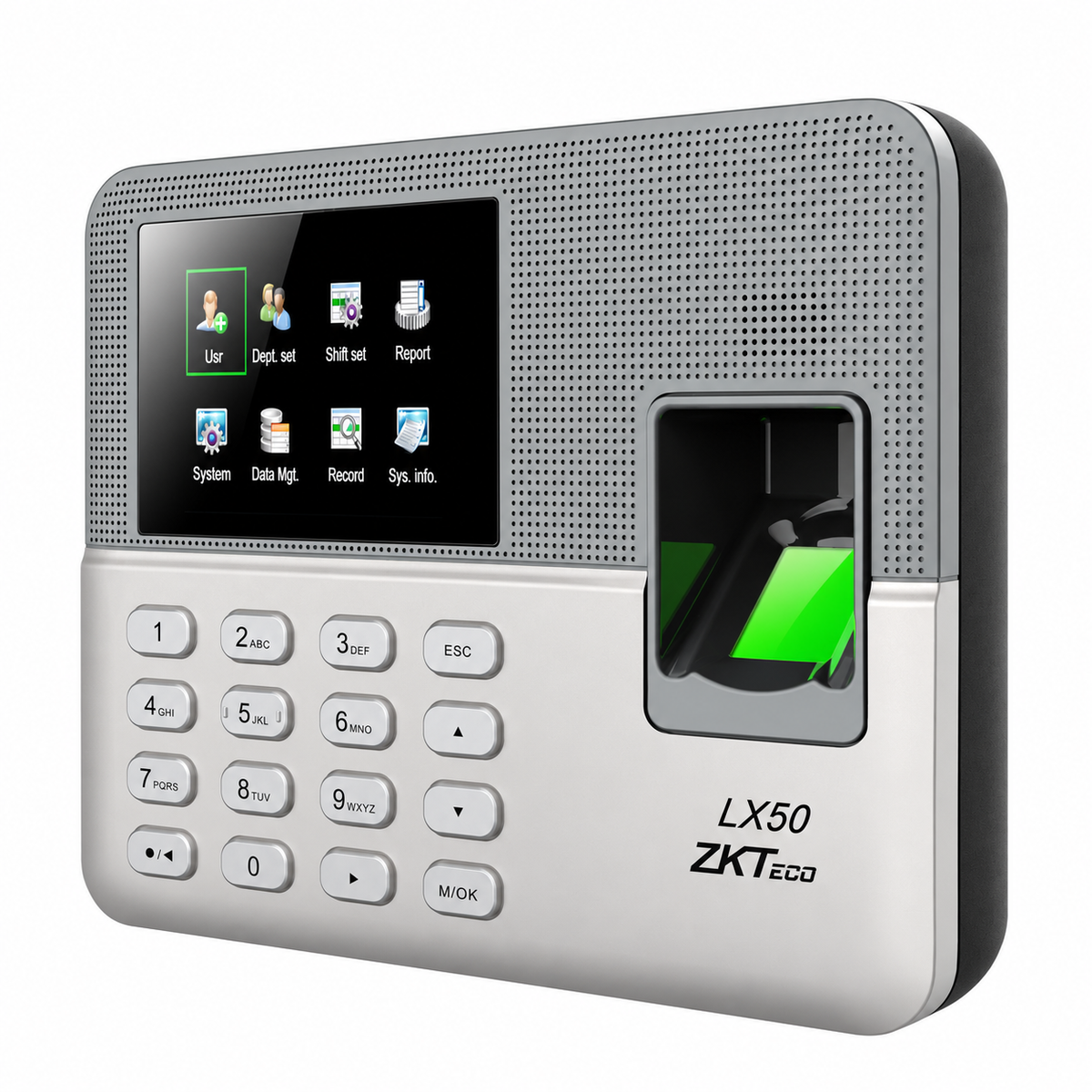 ZKTeco LX50 silver biometric attendance terminal, right angled view with green fingerprint reader.