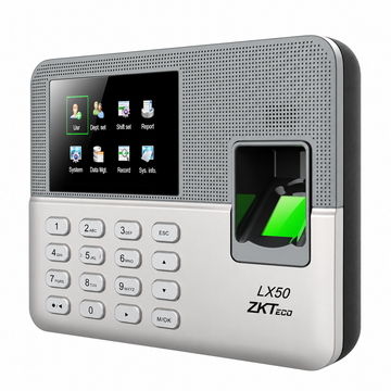 ZKTeco LX50 silver biometric attendance terminal, right angled view with green fingerprint reader.