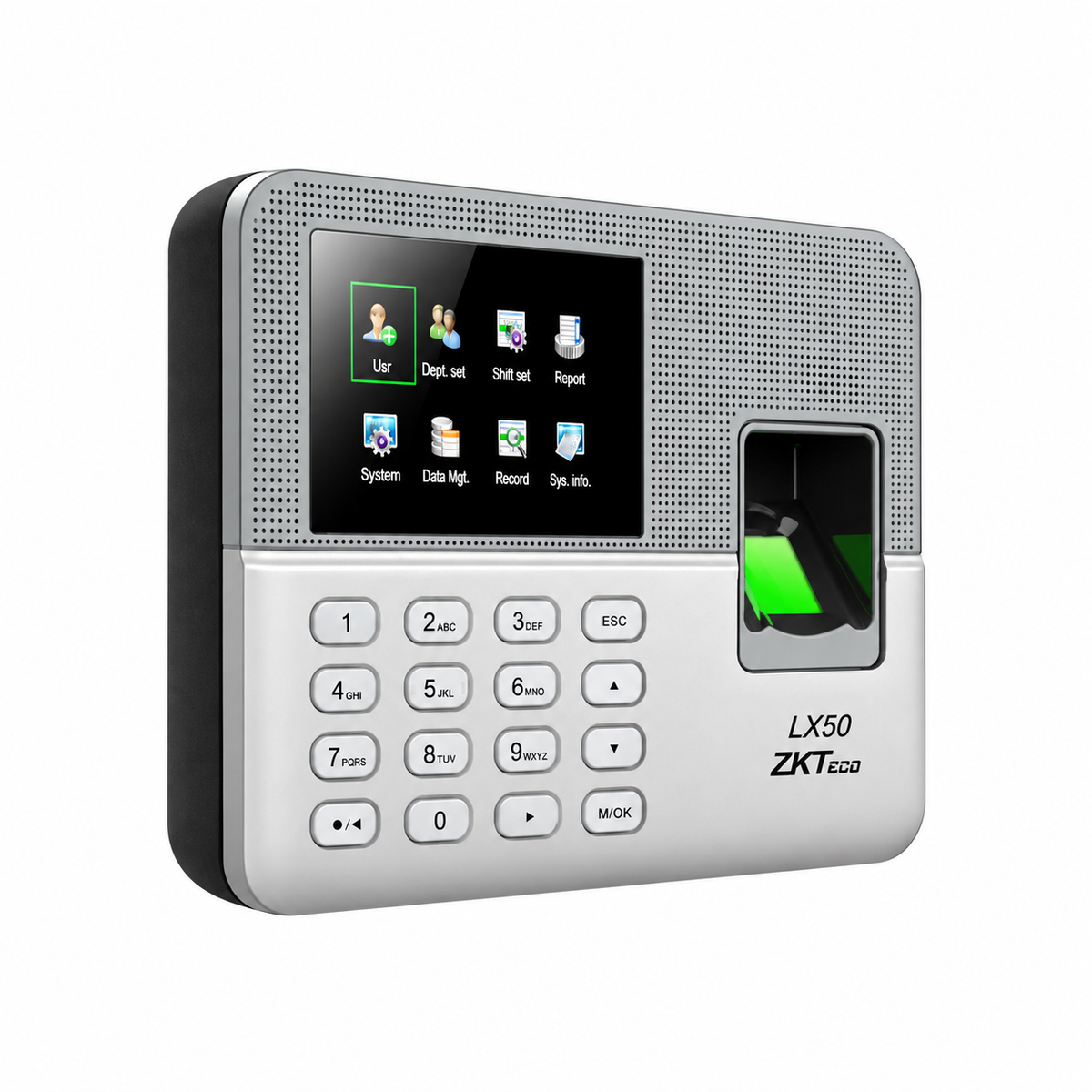 1. ZKTeco LX50 silver fingerprint time attendance device, left angled view showing the black side housing.