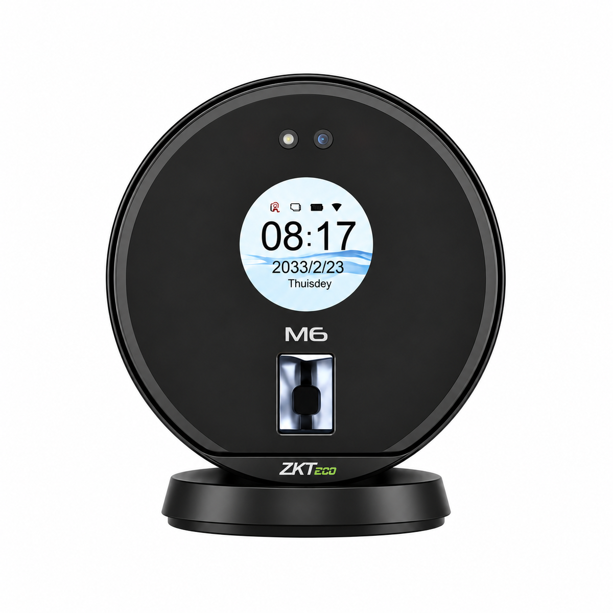 ZKTeco M6 black biometric attendance device, front view showing the circular display, fingerprint scanner and desktop stand.