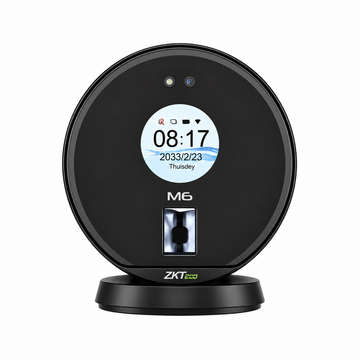 ZKTeco M6 black biometric attendance device, front view showing the circular display, fingerprint scanner and desktop stand.