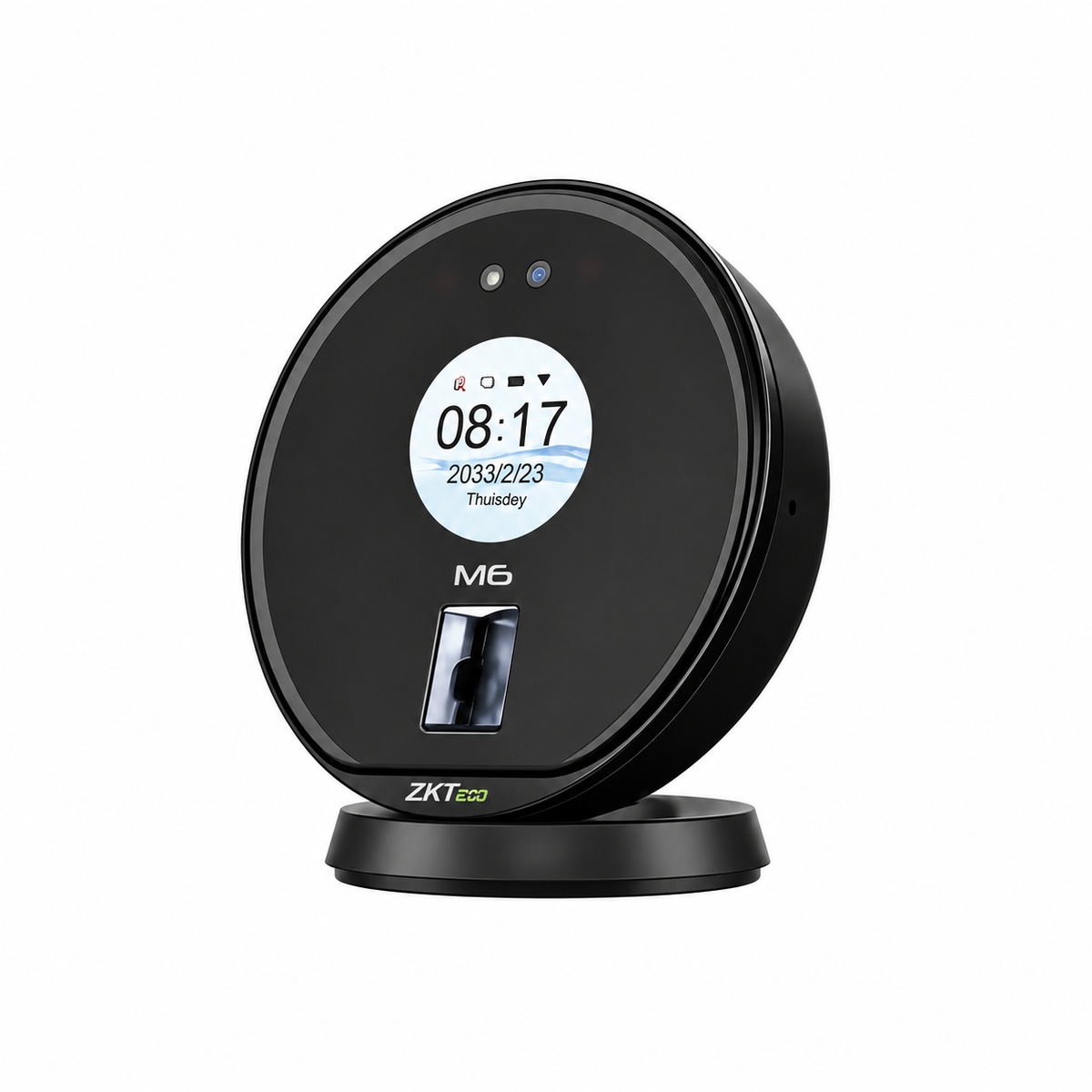 ZKTeco M6 black biometric attendance device, angled right-side view on a desktop stand.