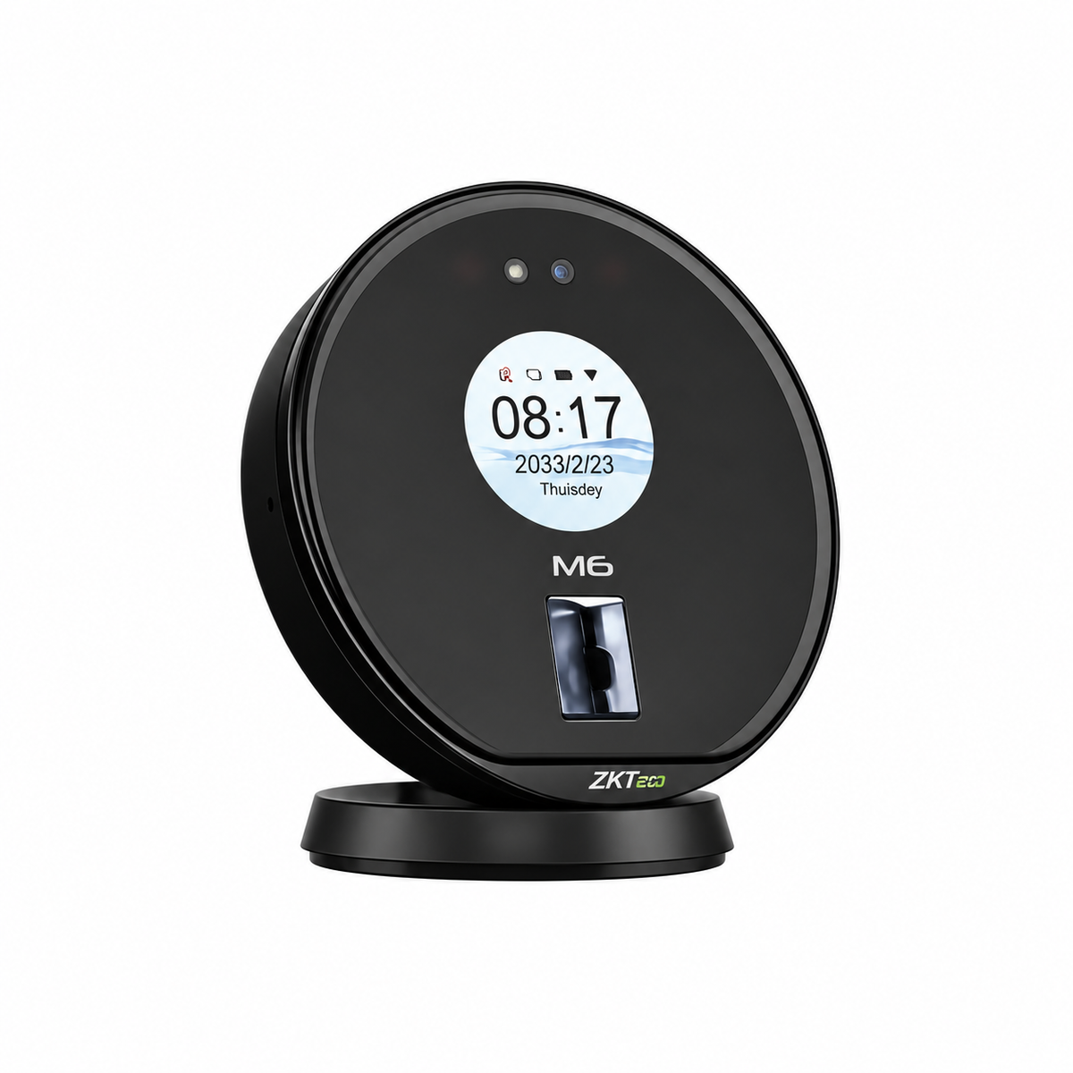1. ZKTeco M6 black biometric attendance device, angled left-side view on a desktop stand.