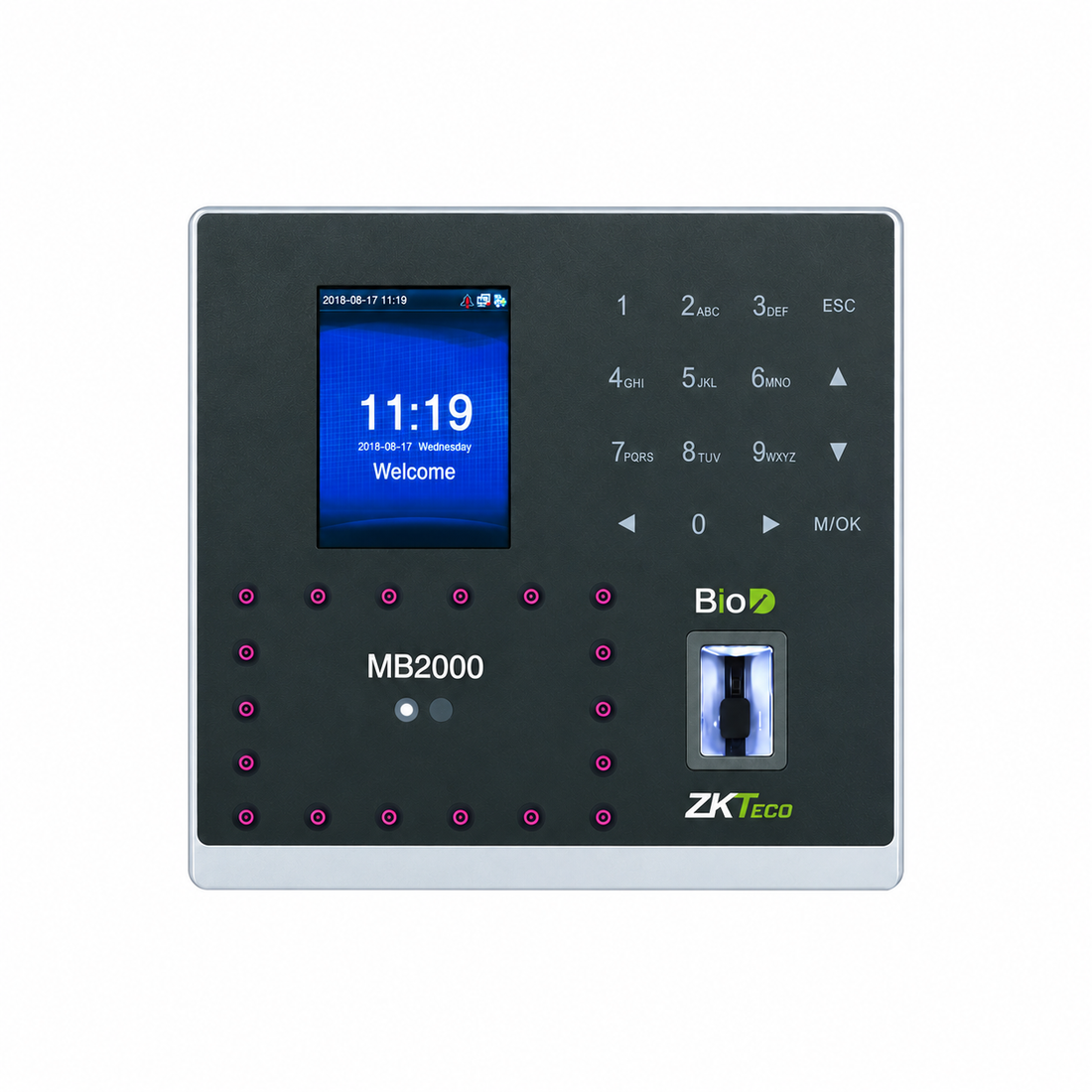 ZKTeco MB2000 black biometric attendance device with silver frame, front view on a white background.