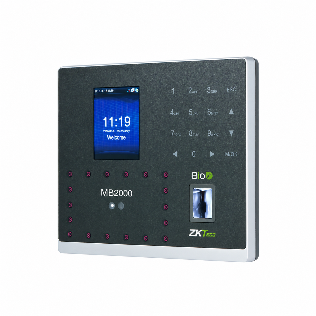 ZKTeco MB2000 black biometric attendance device with silver frame, front view on a white background.