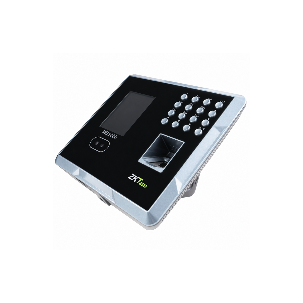 ZKTeco MB5000 black and silver face recognition and fingerprint terminal, angled top view with screen off.