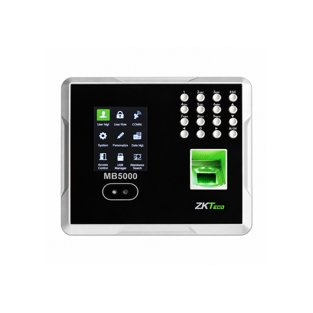 ZKTeco MB5000 black and silver biometric attendance terminal, front view with display, keypad and fingerprint reader.