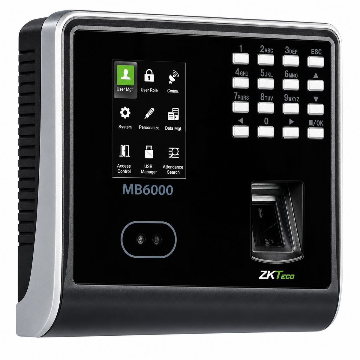 ZKTeco MB6000 Biometric Time Attendance and Access Control Terminal – Front Left Angle View, Black and Silver, with Fingerprint Scanner, Facial Recognition Camera, TFT Display and Numeric Keypad.