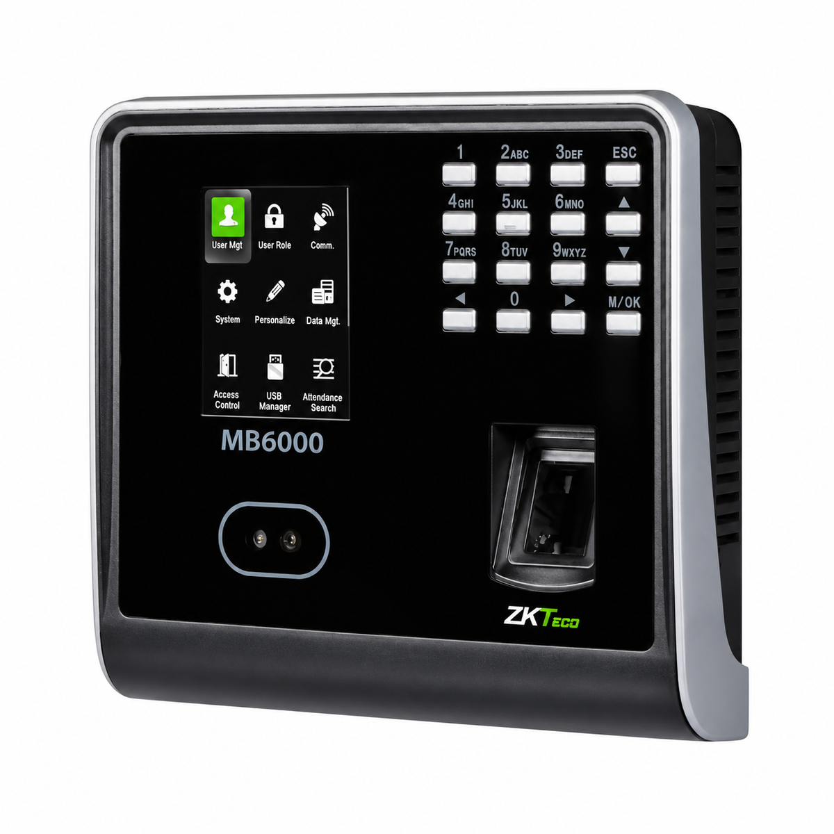 ZKTeco MB6000 Biometric Fingerprint and Face Recognition Time Attendance Terminal – Front View, Black and Silver, Featuring TFT Display, Numeric Keypad and Fingerprint Reader.