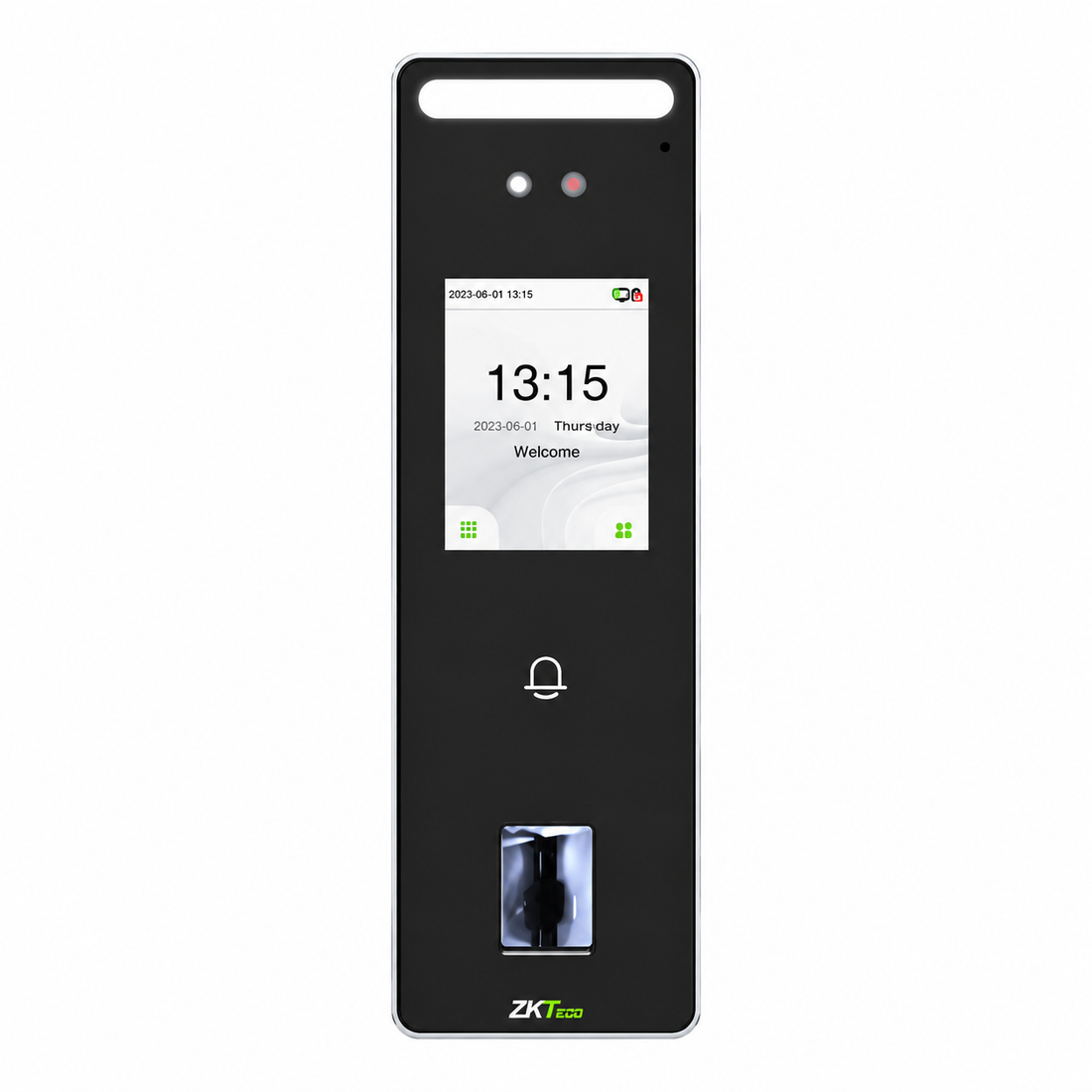 ZKTeco SpeedFace-V3L facial recognition and fingerprint time attendance access control terminal front view.