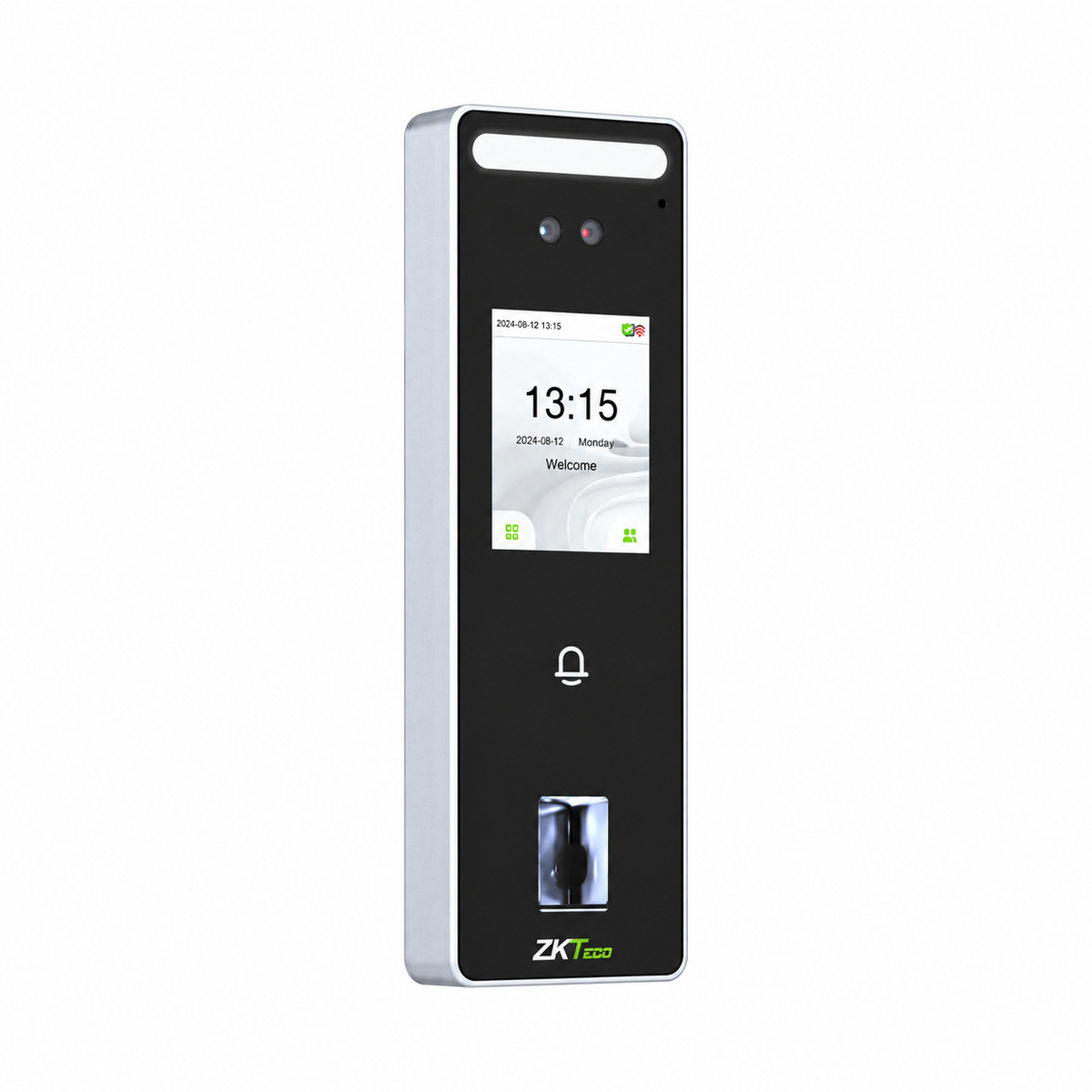 ZKTeco SpeedFace-V3L facial recognition fingerprint attendance terminal three-quarter front view.