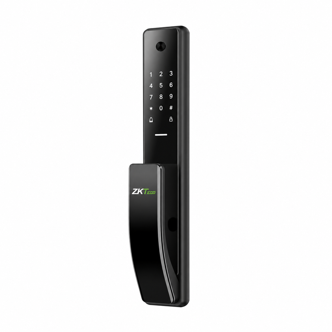Black ZKTeco TL800 smart door lock, angled exterior view showing touch keypad and handle.