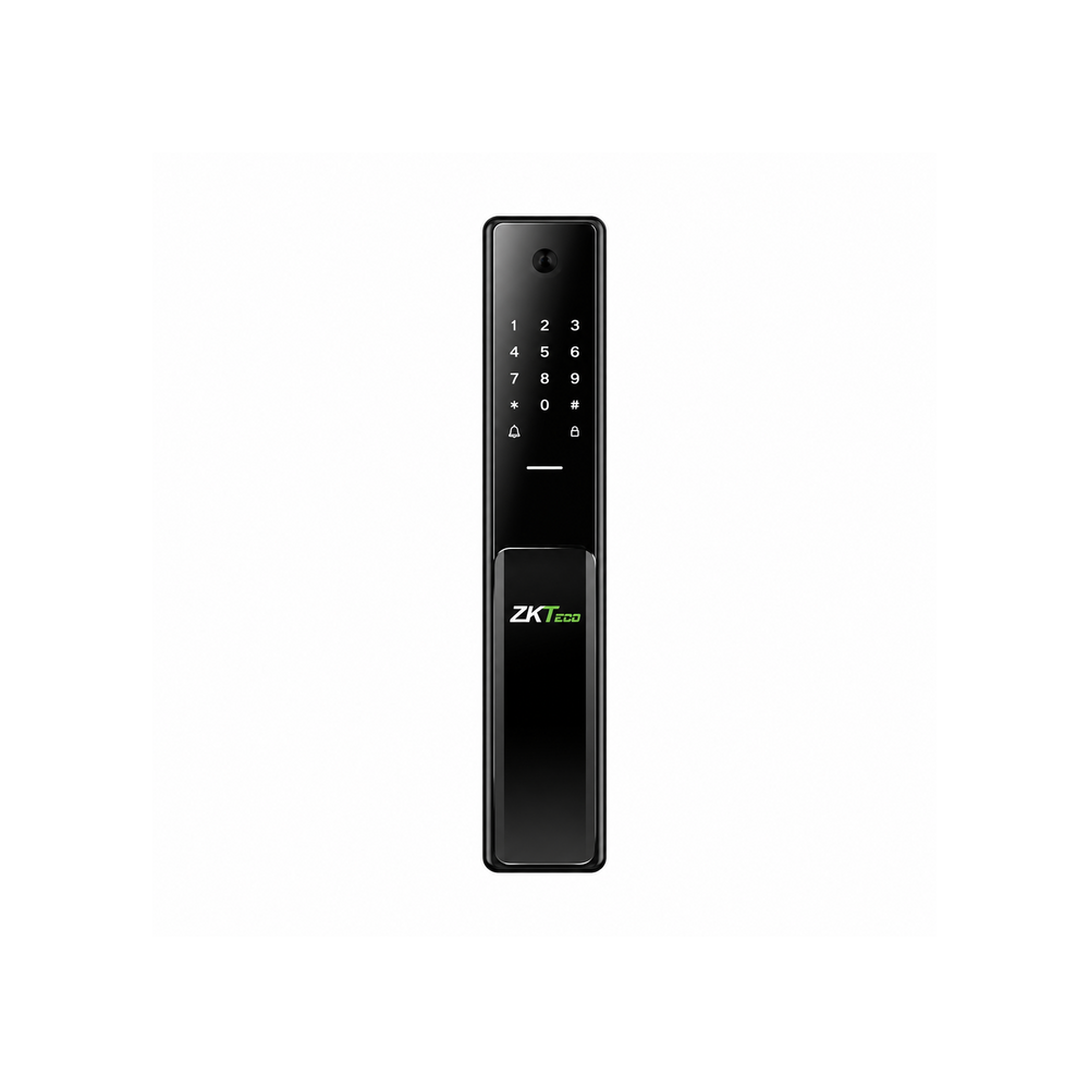 Black ZKTeco TL800 smart door lock, angled exterior view showing touch keypad and handle.