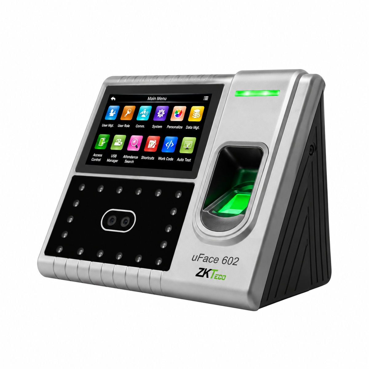 ZKTeco UFace602 biometric time attendance and access control terminal angled view with fingerprint reader and color display.